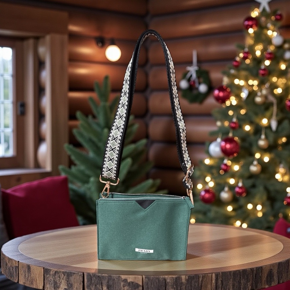 Prada Beauty Green Crossbody Bag with Patterned Black & White Strap